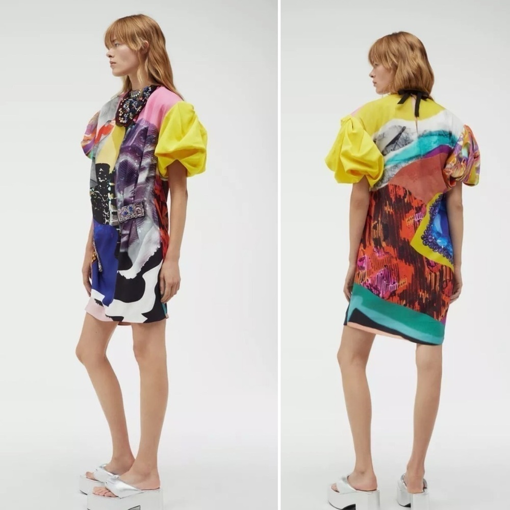 Zara Jewel Puffy Sleeve Limited Mini Dress Retro Y2K 80's 90's Barbiecore Rare* - Picture 13 of 13